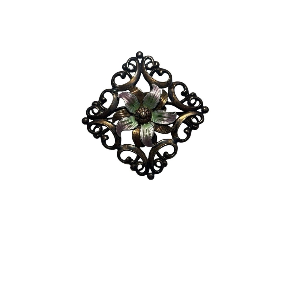 Vintage Symmetalic Sterling‎ 14K Gold Ornate Enamel Flower Brooch Pin